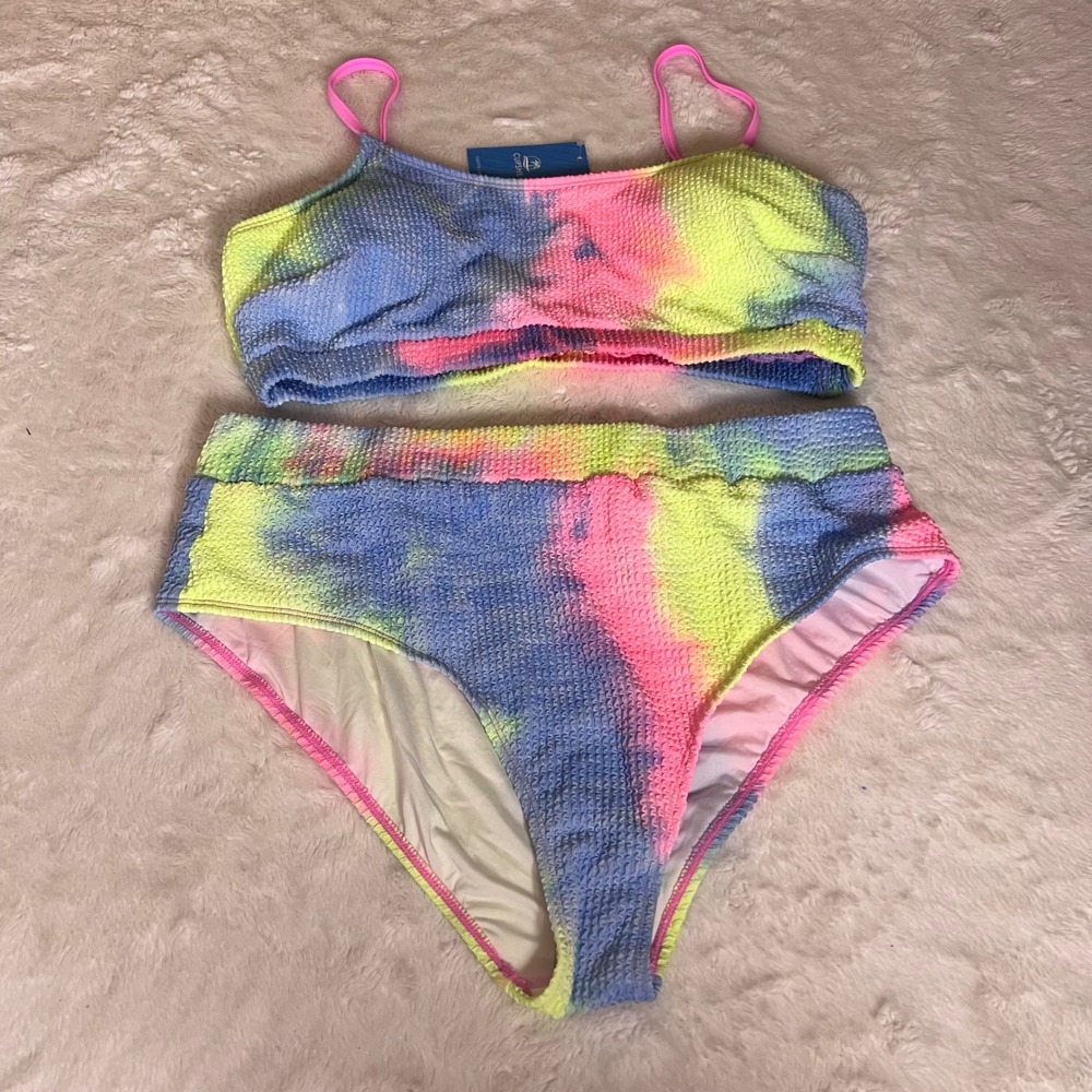 Cupshe Tie Dye Smocked Bikini Set Neon Pink Blue Yellow XL DAA12C3H003CC NEW
